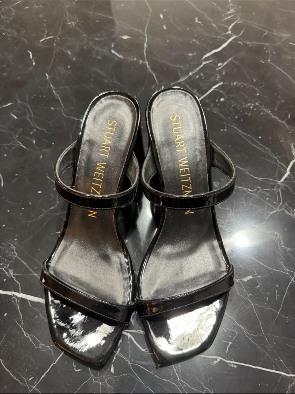 Stuart Weitzman Black Patent Two-Strap Block Heel Sandals - Picture 10 of 10